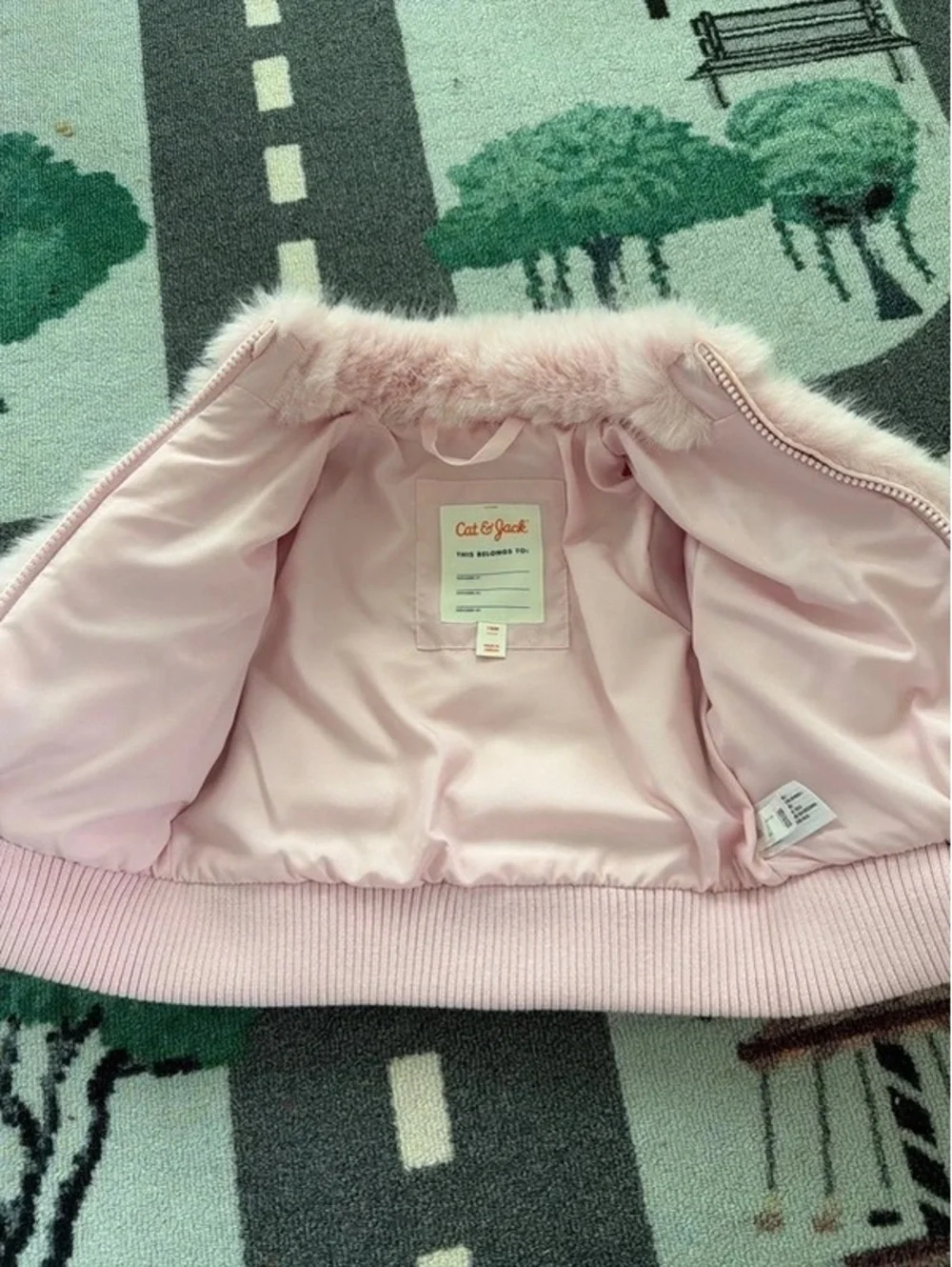 Cat & Jack Baby Pink Faux Fur Jacket with Heart Zipper Pull, Size 18 Months